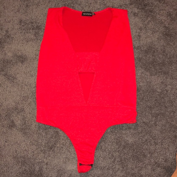 Red Plunge Cutout Thong Bodysuit - Picture 2 of 3